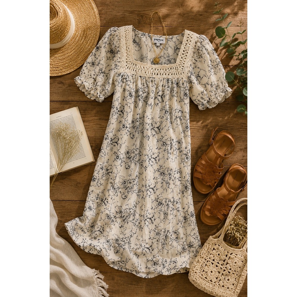 Kindred Cream Embroidered Floral Midi Dress Small Crochet Square Neck Puff